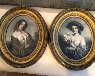 Pair of 19th Century Framed Oval Portraits of two Beauties,  Chromolithos, 16”h x 13”w	Asking $150