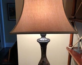 Pair of Floor Lamps - Metal and Brown Marble
65" to top of finial; 9 1/2" square base
Shade is 17" x 13" Asking $300
