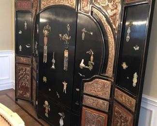 Antique Chinese Coromandel 5 panel Screen
Black lacquer screen featuring gilt red carved panels and semi-precious stone detail.
77 1/4" h x 103"w x 1”d Asking $1750