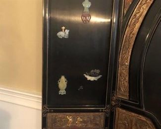 Antique Chinese Coromandel 5 panel Screen
Black lacquer screen featuring gilt red carved panels and semi-precious stone detail.
77 1/4" h x 103"w x 1”d Asking $1750