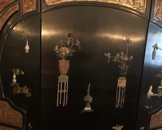 Antique Chinese Coromandel 5 panel Screen
Black lacquer screen featuring gilt red carved panels and semi-precious stone detail.
77 1/4" h x 103"w x 1”d Asking $1750