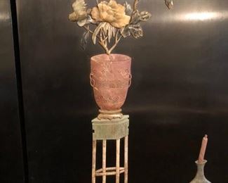 Antique Chinese Coromandel 5 panel Screen
Black lacquer screen featuring gilt red carved panels and semi-precious stone detail.
77 1/4" h x 103"w x 1”d Asking $1750