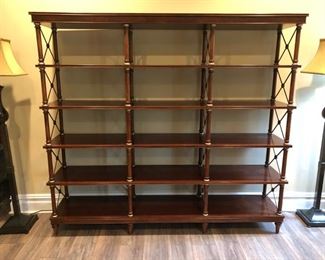 Hekman Etagere/Room Divider with brass accents
70”h x 78 ¼”w x 16 ¼”d Condition: this etagere is in very good condition with minor nicks on the legs and bottom. There is a crack on the bottom left which can be repaired Asking $450
