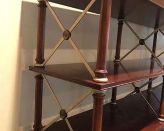Hekman Etagere/Room Divider with brass accents
70”h x 78 ¼”w x 16 ¼”d Condition: this etagere is in very good condition with minor nicks on the legs and bottom. There is a crack on the bottom left which can be repaired Asking $450