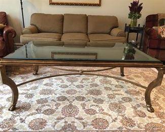 Kravet Furniture “Giselle” Antique Gold & Glass Cocktail Table; 54” L x 36”W x 19” h,
Condition: some use scratches on glass, small corner chip Asking $500