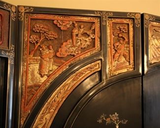 Antique Chinese Coromandel 5 panel Screen
Black lacquer screen featuring gilt red carved panels and semi-precious stone detail.
77 1/4" h x 103"w x 1”d Asking $1750