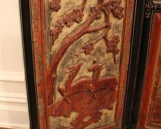 Antique Chinese Coromandel 5 panel Screen
Black lacquer screen featuring gilt red carved panels and semi-precious stone detail.
77 1/4" h x 103"w x 1”d Asking $1750