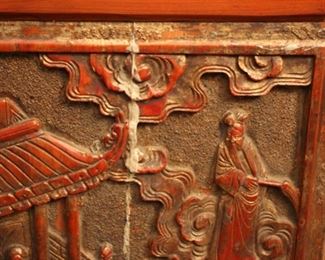 Antique Chinese Coromandel 5 panel Screen
Black lacquer screen featuring gilt red carved panels and semi-precious stone detail. (crack in one large carved panel) 77 1/4" h x 103"w x 1”d Asking $1750