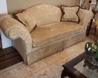 Pair single cushion, roll arm sofas, Chase Erwin fabric
55% cotton/45% Viscose, 36”h x 88”w x 36”d
Includes 2 coordinating fringed throw pillows each Asking $2800