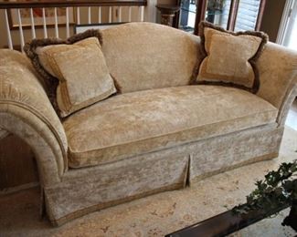 Pair single cushion, roll arm sofas, Chase Erwin fabric
55% cotton/45% Viscose, 36”h x 88”w x 36”d
Includes 2 coordinating fringed throw pillows each Asking $2800