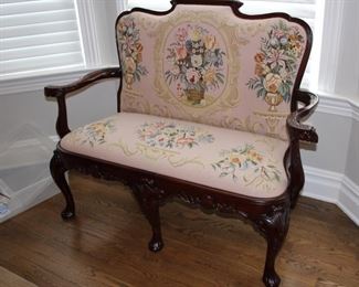 Maitland Smith Chippendale style settee, needlepoint florals, mythological bird arms,
42”h x 53”w x 25”d Asking $1200