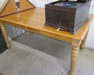 nice sized table with drawer,  table top victrola works and a coca cola clock