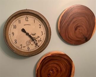 Wall decor (14”W) - Clock - $45 or best offer, Tree slices - $25/each or best offer