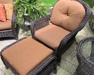 Southern Living wicker patio chair with ottoman (32”W x 36”D x 35”H) (30”W x 32”D x 19”H) 