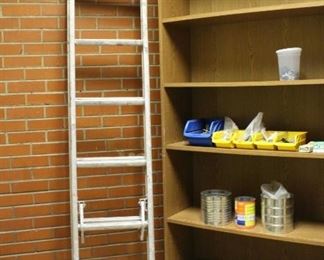 16' Extension ladder, more	
Ladder (see photo for details), pressboard bookshelf - 6 shelves, variety of fasteners in cans and trays