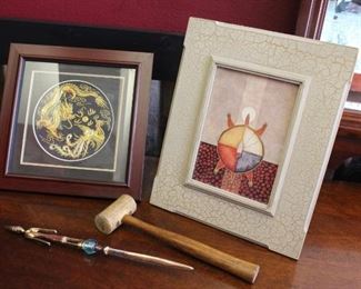 Framed art and more	
Embroidered Chinese dragon, tortoise, letter opener and wooden gavel