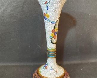 Asian Item 5	
Metal Cloisonne 3" opening x 9" h vase on wooden