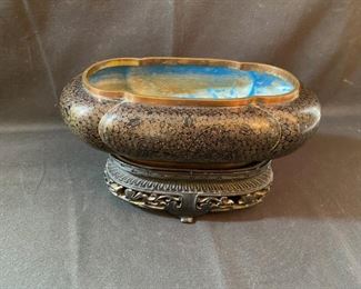 Asian Item 24	
Metal Cloisonne 9" x 5" bowl on wooden pedestal; Note: see photos