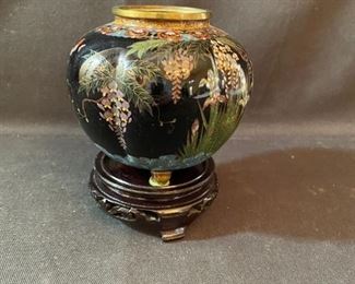 Asian Item 29	
Metal Cloisonne 4" vase on wooden pedestal; Note: see photos