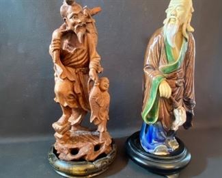 Asian Item 34	
Asian fishermen wooden statue: some damage, Asian ceramic statue both on wooden pedestal; Note: see photos
