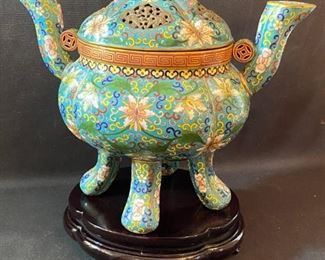 Asian Item 45	
Metal Cloisonne 10" lidded pot on wooden pedestal;