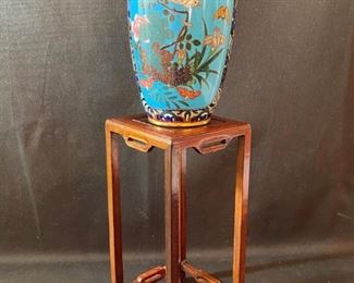 Asian Item 48	
Metal Cloisonne 7 1/2" vase on wooden pedestal stand;