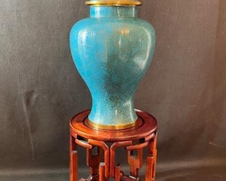 	Asian Item 49	
Metal Cloisonne 11" lidded urn on wooden pedestal stand; 