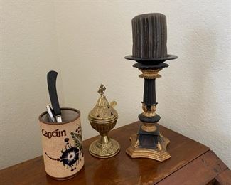 Tchotchkes:  1-candle on stand, 1-lidded vessel, 1 ceramic pencil holder, 1 letter opener, 1 pen; note:  see photos