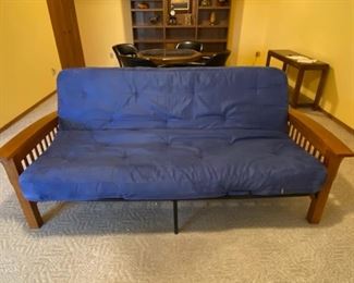 84" x 35" d, folds out to full size, included cushion.  Note:  see photos.  Heavy, bring help to remove and load