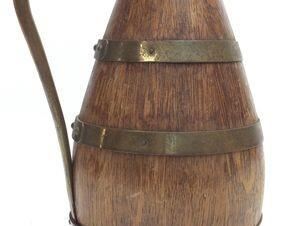 ANTIQUE WOOD/BRASS WINE JUG, 1933 GERAUD LATIFFE WINE JUG