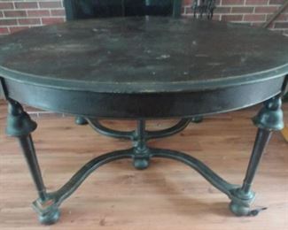 Antique round mahogany table with six chairs and three leaves $100