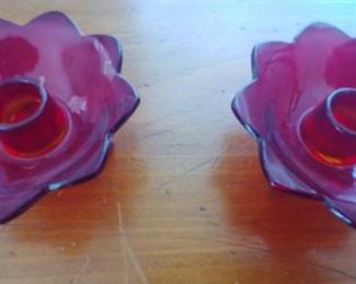 Pair Ruby glass candle holders $10