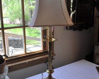 Pretty brass lamp embossed stem, silk like shade. $36.00