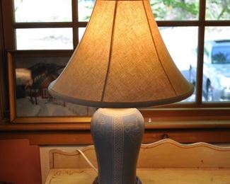 Blue pottery lamp with shade, incised pattern, $40.00