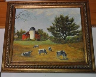 Signed cows painting. $350.00. Probably Oil.  Possibly acrylic...