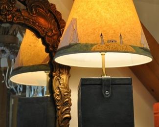 Lamp, wood box base, handpainted cape shade. $32.00