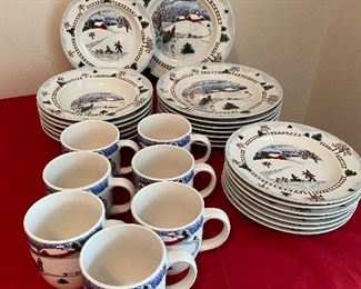 New WINTER SIDE Stoneware Folkcraft Christmas Dishes 31 Pieces