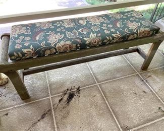 Wood patio bench with cushion                                                         Measures 55L x 15.5W                                                                            PRICE: $30