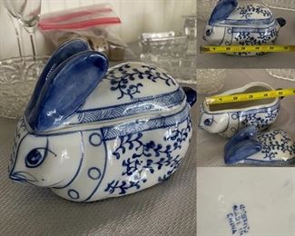 handprinted blue bunny rabbit dish with lid                               PRICE: $7