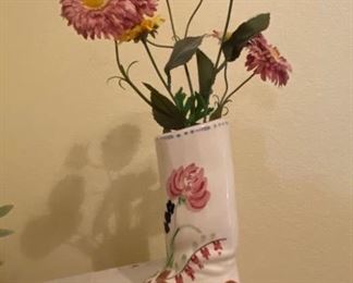 7.5 inch painted boot vase with artificial stems                            PRICE: $8