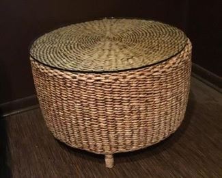 1 of 2  Woven Drum Coffee Table (Top Protected by Glass)  (Height=20.5in x Diameter = 30.5 in)