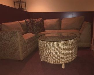2nd Woven Drum Table and Sectional Seating in Gold/Tan Damask Upholstery.  Chair/Sofa Sectional (Chair is 33 in w, Sofa is 80in w)