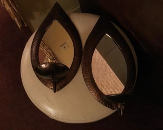 Leaf style mirror candle holders - copper-tone metal frame. 16 in.tall