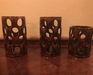 Set of 3 ceramic candle holders. 1 of the inside plates has a chip (not visible from the outside).