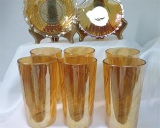 Vintage Glass Set of 6 and 2 Fancy Bowls