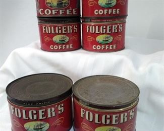 6 Vintage Folgers Coffee Tins with Lids