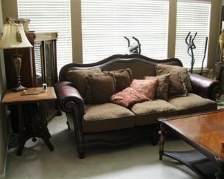 Ashley Claremore Antique Style sofa / couch, tan fabric and dark brown leather look. MSRP $1,250