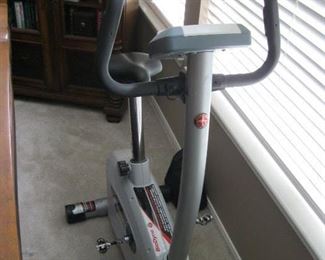 Schwinn 120 Upright Exercise Bike (2012 Model) Upright, stationary exercise bike with perimeter weighted flywheel and quiet magnetic ECB resistance system, 16 resistance levels offer a true road feel, and smooth, consistent workouts, Over-sized console with 7 preset programs; contact heart rate monitoring on the handle bars, MP3 music input port, speakers, two speed fan, water bottle holder and transport wheels, Anatomically correct, comfortable seat and oversized pedals with toe straps