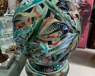 $99 Majolica 2pc Reticulated Lamp w/ Lighted Base