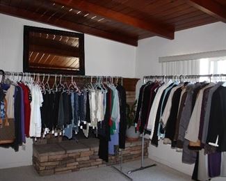 Four racks of CLOTHING, shoes and accessories